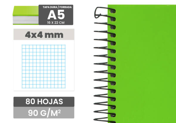 Cuaderno espiral A5 80H 90g/m2 cuadros 4x4mm tapa forrada