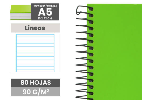 Cuaderno espiral A5 80H 90g/m2 líneas tapa forrada