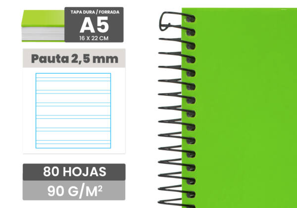 Cuaderno espiral A5 80H 90g/m2 pauta 2.5 tapa forrada