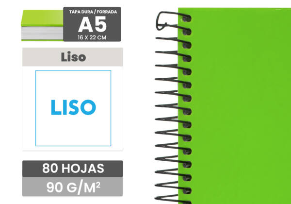 Cuaderno espiral A5 80H 90g/m2 hoja lisa tapa forrada