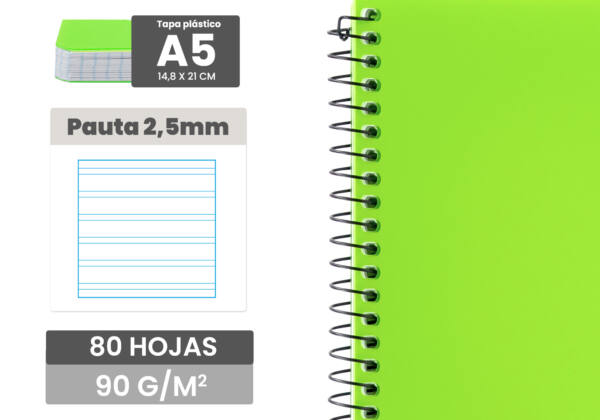 Cuaderno espiral A5 80H 90g/m2 Pauta 2.5mm tapa plástico