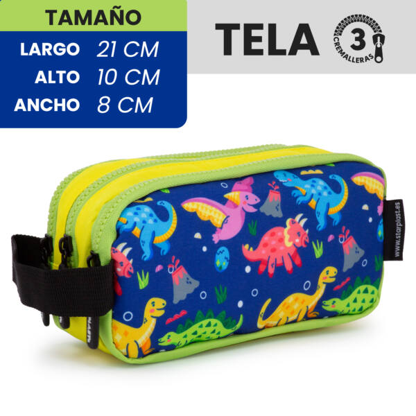 Estuche Rectangular Tela 3 Cremalleras Diseño Dinosaurios Variados Con Asa - Imagen 4