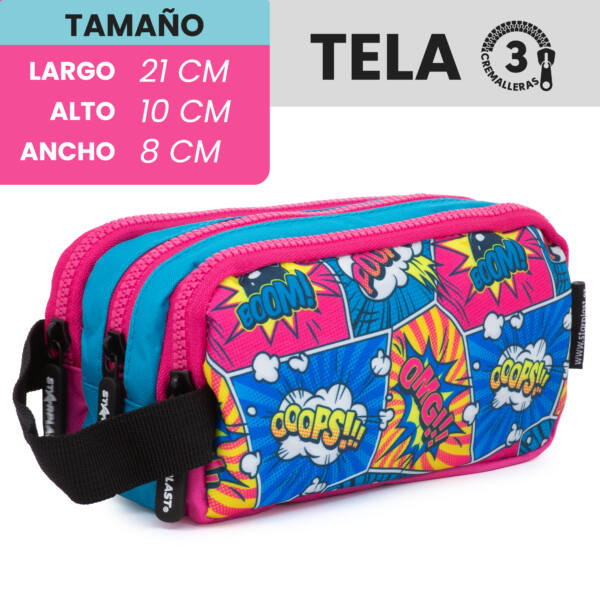 Estuche Rectangular Tela 3 Cremalleras Diseño Cómic Colores Con Asa - Imagen 3