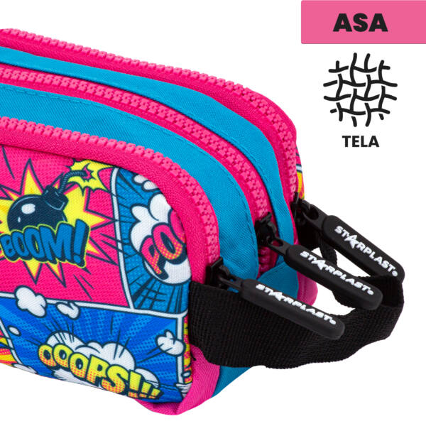 Estuche Rectangular Tela 3 Cremalleras Diseño Cómic Colores Con Asa - Imagen 2