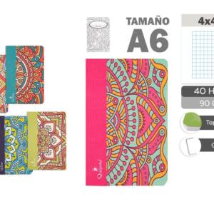 Libreta A6 40H cuadros 4x4mm diseño mandalas