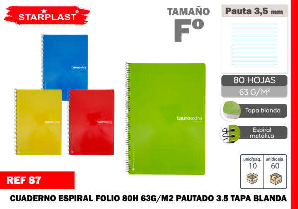 Cuaderno espiral Folio 80H 63g/m2 pautado 3.5 tapa blanda