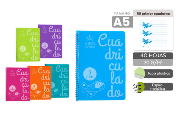 Cuaderno Infantil Cuadro Vía 3x3mm Tamaño A5 70g Tapa Plástico