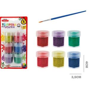 6 Botes 20ml Témpera Purpurina Con Pincel