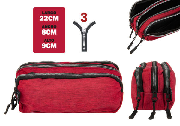 Estuche de 3 cremalleras color rojo
