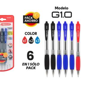 6 Bolígrafos Retráctiles G1.0 4 Azul, 2 Negro y 1 Rojo