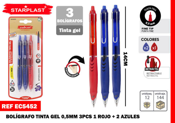 Set 3 Bolígrafos Roller Tinta Gel Antideslizante 1.0mm 2 Azul  1 Rojo