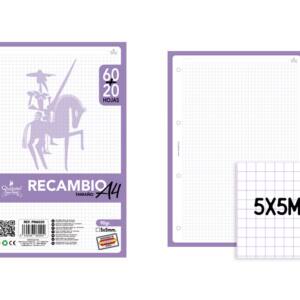 Recambio A4 90g/m2 80U cuadros 5x5mm lila