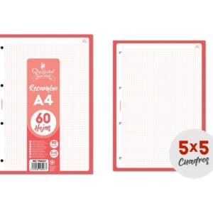 Recambio A4 90g/m2 60U cuadros 5x5 mm color rojo