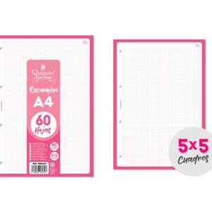Hojas de recambio A4 90G/M2 60U hoja cuadros 5x5mm fucsia