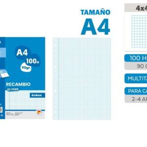 100 Hojas de Recambio Multitaladro Cuadros 4x4mm A4 90gr/m2