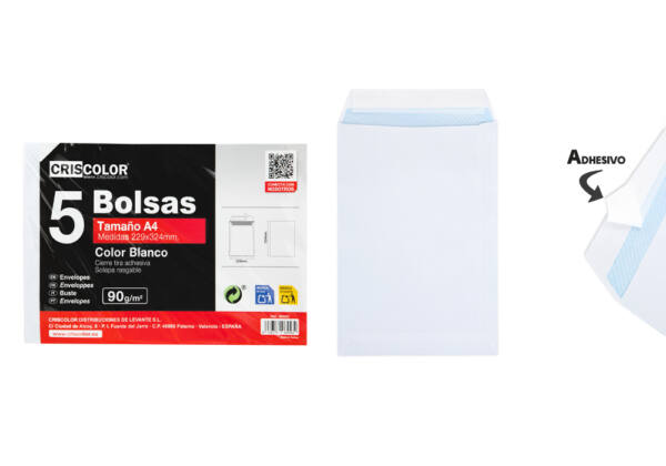 5 Sobres de Papel Blanco A4 229X324mm Cierre Adhesivo 90gr/m2