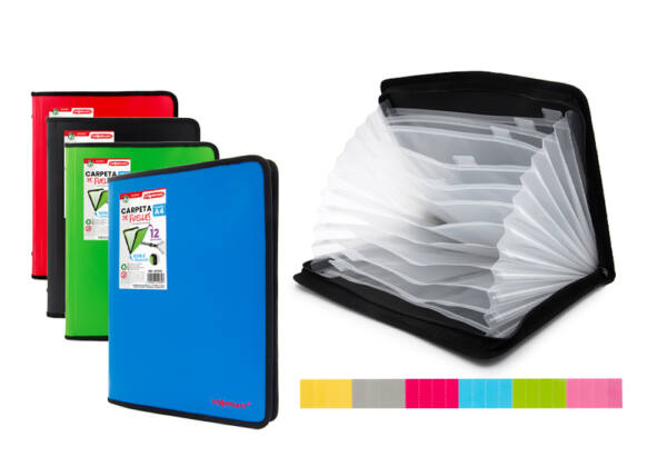 Carpeta A4 de Plástico con Fuelle y Cremallera Doble 12 Divisores