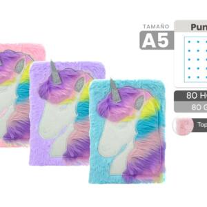 Libreta Peluche Unicornio Pelo Arcoiris A5 80 Hojas Puntos 80gr/m2