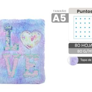 Libreta De Peluche Love Azul Lila Textura Suave A5 80 Hojas Puntos 80 gr/m2