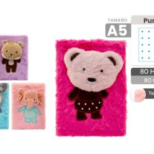 Libreta De Peluche Animales 3D Textura Suave A5 80 Hojas Puntos 80 gr/m2