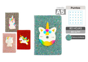 Libreta De Peluche Unicornio 3D Blando Purpurina A5 80 Hojas De Puntos 80gr/m2