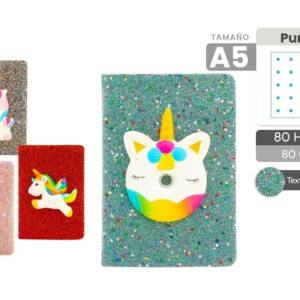 Libreta De Peluche Unicornio 3D Blando Purpurina A5 80 Hojas De Puntos 80gr/m2
