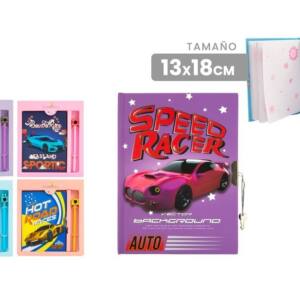 Pack Libreta Diario y Bolígrafo con Candado y 2 Llaves Diseño Coches