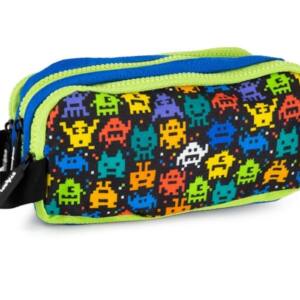 Estuche Rectangular Tela 3 Cremalleras Diseño Invasor Con Asa