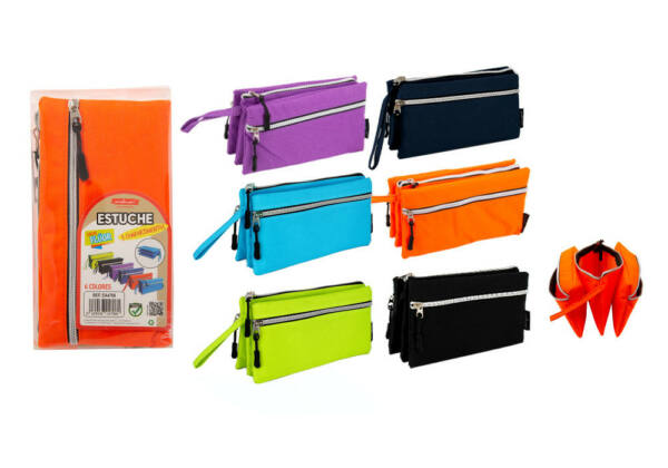 Estuche portatodo 3 bolsillos 3 cremalleras 6 Colores Flúor Con Asa