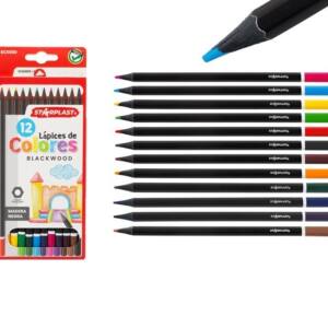 12 Lápices Hexagonales De Colores Madera Negra