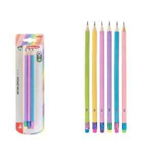 6 Lápices HB Hexagonales con Goma de Borrar Cuerpo Pastel