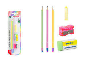 3 Lápices HB Hexagonales con Goma y 3 Accesorios