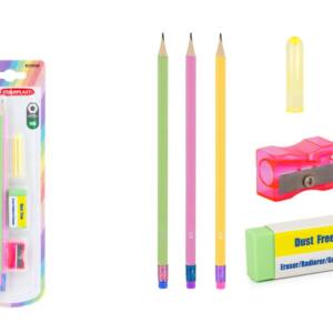 3 Lápices HB Hexagonales con Goma y 3 Accesorios