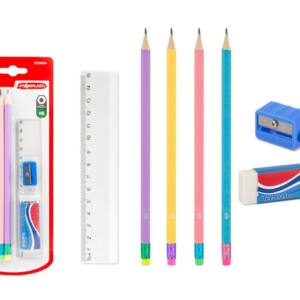 4 Lápices HB Hexagonales con Goma de Borrar y 3 Accesorios