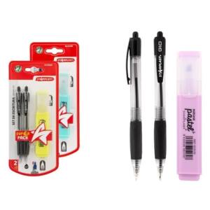 Pack 2 Bolígrafos Negros Retráctiles y Marcador Pastel Surtido