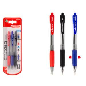 Set 3 bolígrafos retráctiles 1.0mm colores Azul, Negro y Rojo