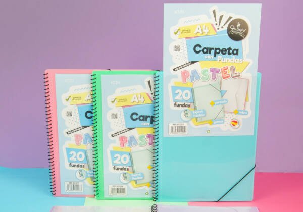 Carpeta espiral 20 fundas A4 portada intercambiable verde rosa azul lila pastel