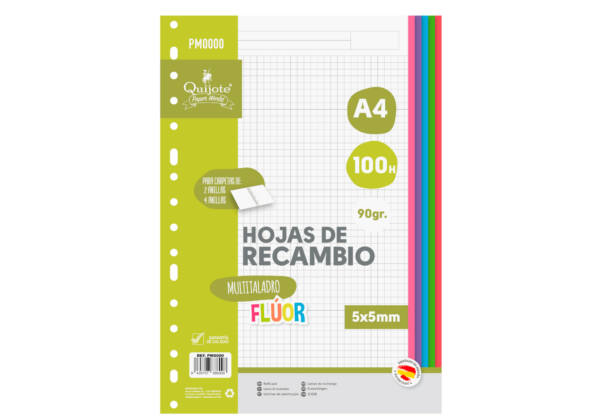 100 Recambios Folios A4 Multitaladro 90gr/m2 Flúor 5x5mm