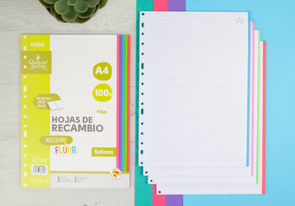 100 Recambios Folios A4 Multitaladro 90gr/m2 Flúor 5x5mm