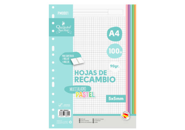 100 Recambios Folios A4 Multitaladro 90gr/m2 Pastel 5x5mm