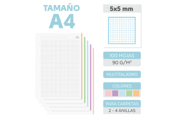 100 Recambios Folios A4 Multitaladro 90gr/m2 Pastel 5x5mm