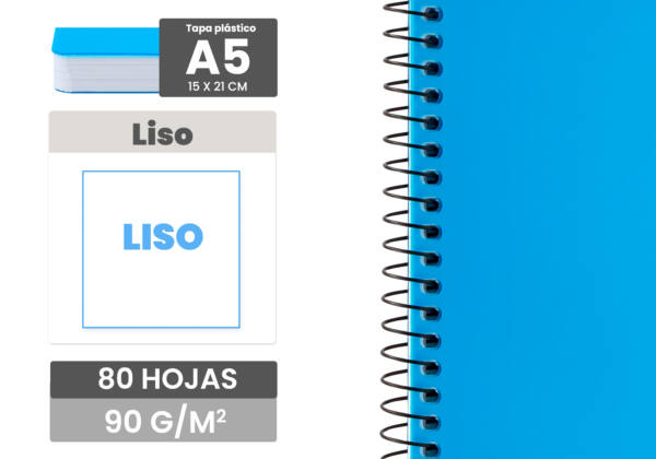 Cuaderno espiral A5 80H 90g/m2 hoja lisa tapa plástico