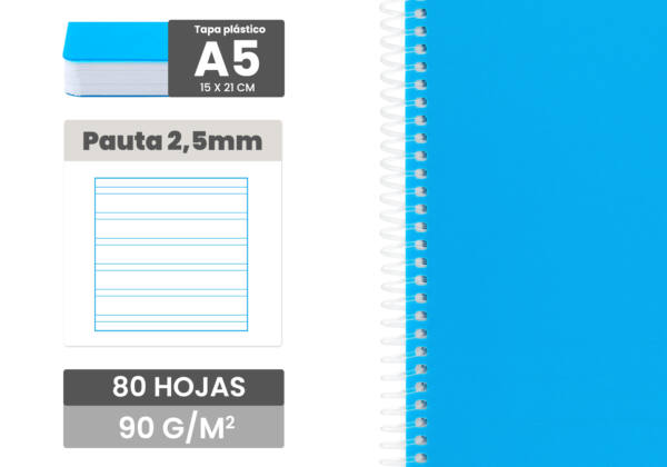 Cuaderno espiral flexible A5 80H 90g/m2 pautado 2.5 tapa plástico