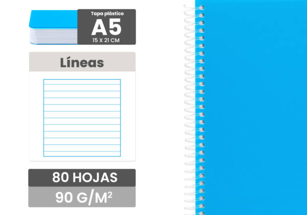 Cuaderno espiral flexible A5 80H 90g/m2 líneas tapa plástico