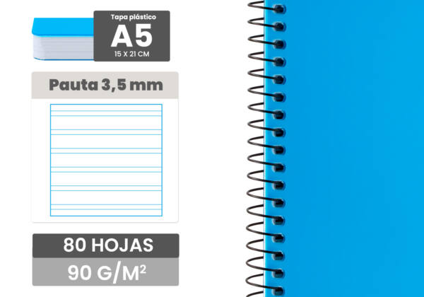 Cuaderno espiral A5 80H 90g/m2 Pauta 3.5mm tapa plástico