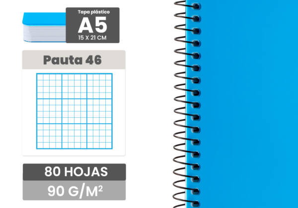 Cuaderno espiral A5 80H 90g/m2 Pauta 46 tapa plástico