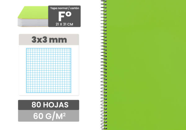 Cuaderno espiral Folio 80H 60g/m2 cuadros 3X3mm tapa normal