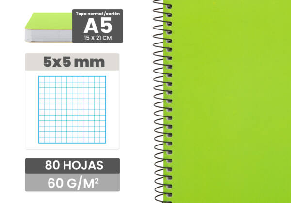 Cuaderno A5 80H 60gr/m2 Cuadros 5x5mm Tapa Blanda