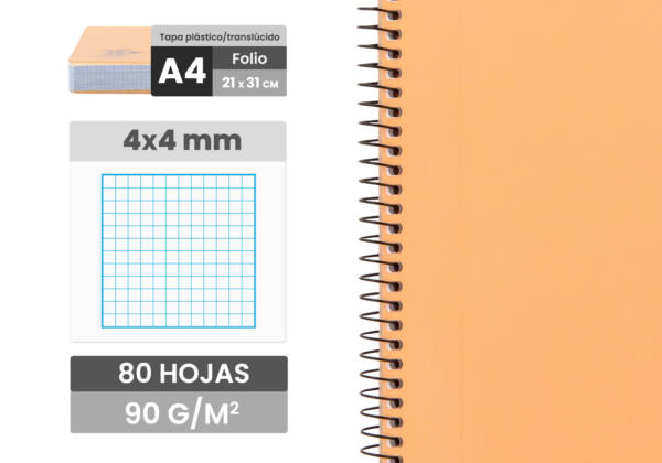 Cuaderno espiral Fº 80H 90g/m2 cuadros 4x4mm tapa plástico pastel