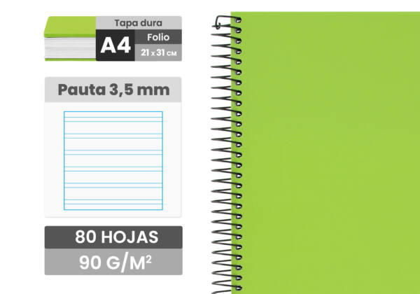 Cuaderno espiral Folio A4 80H 90g/m2 pauta 3.5 tapa forrada